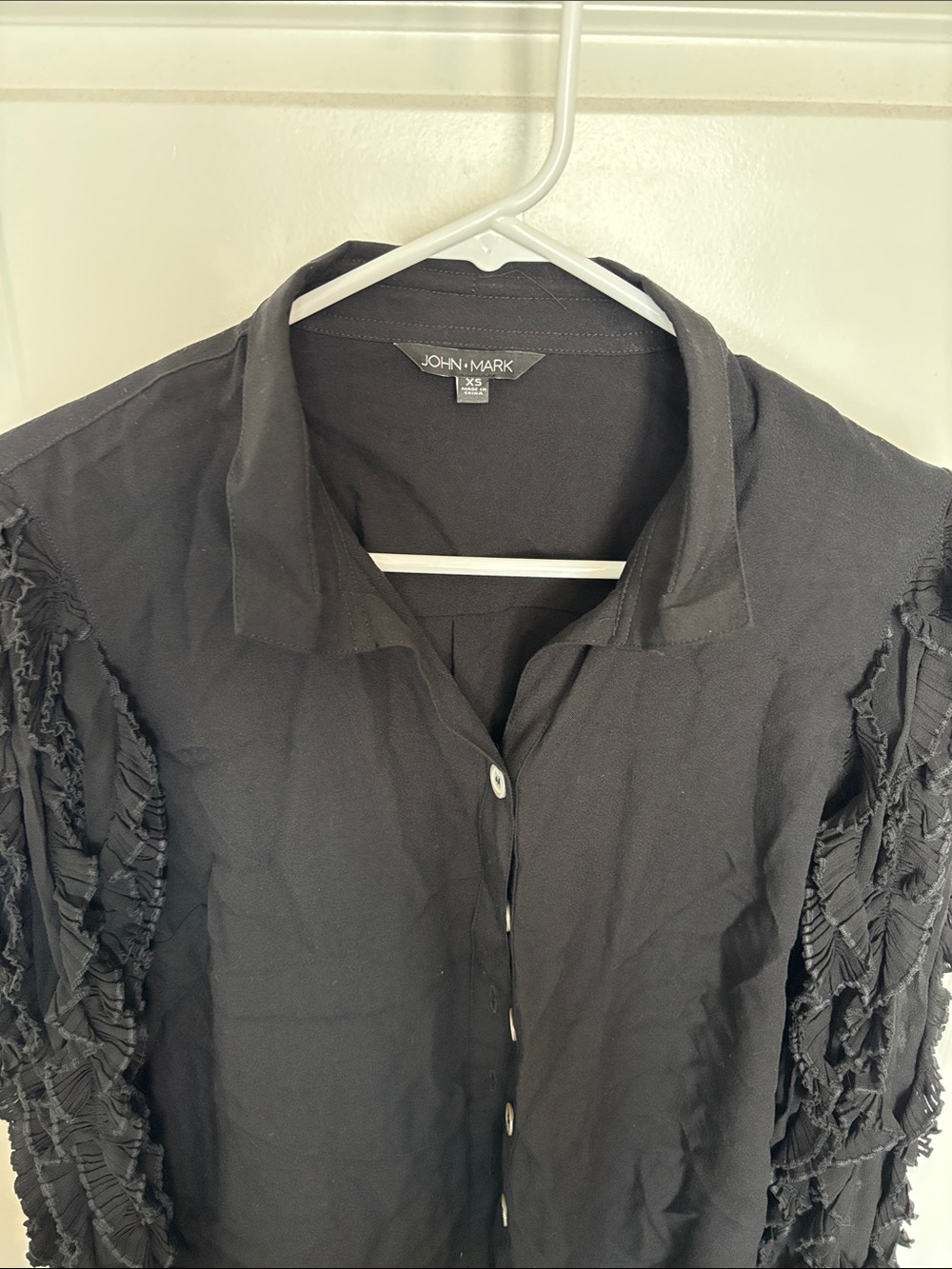 John Mark Black Button-Front Blouse with Ruffle-Textured Sleeves